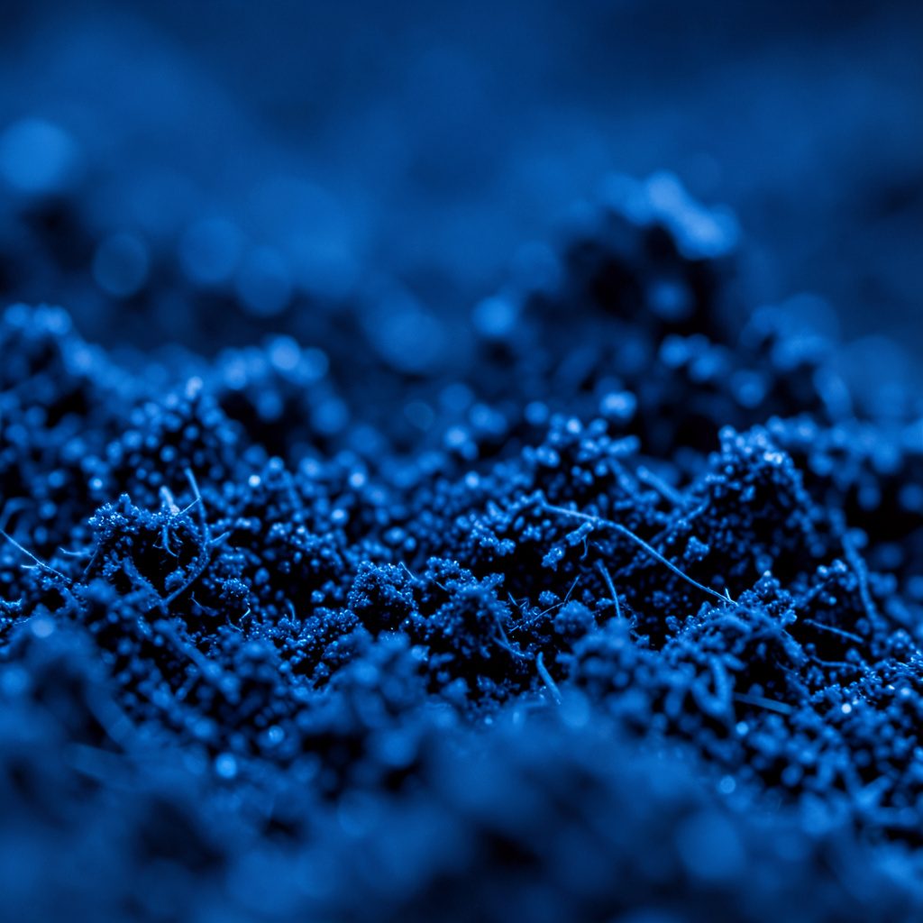Extreme close-up of fine powdery supplement texture in muted slate-blue tones, clean minimal composition